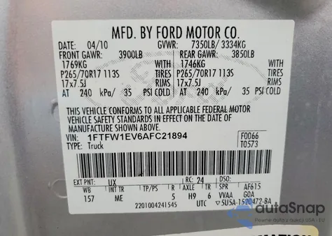 2010 Ford F150 Supercrew из США, поврежденный, VIN 1FTFW1EV6AFC21894